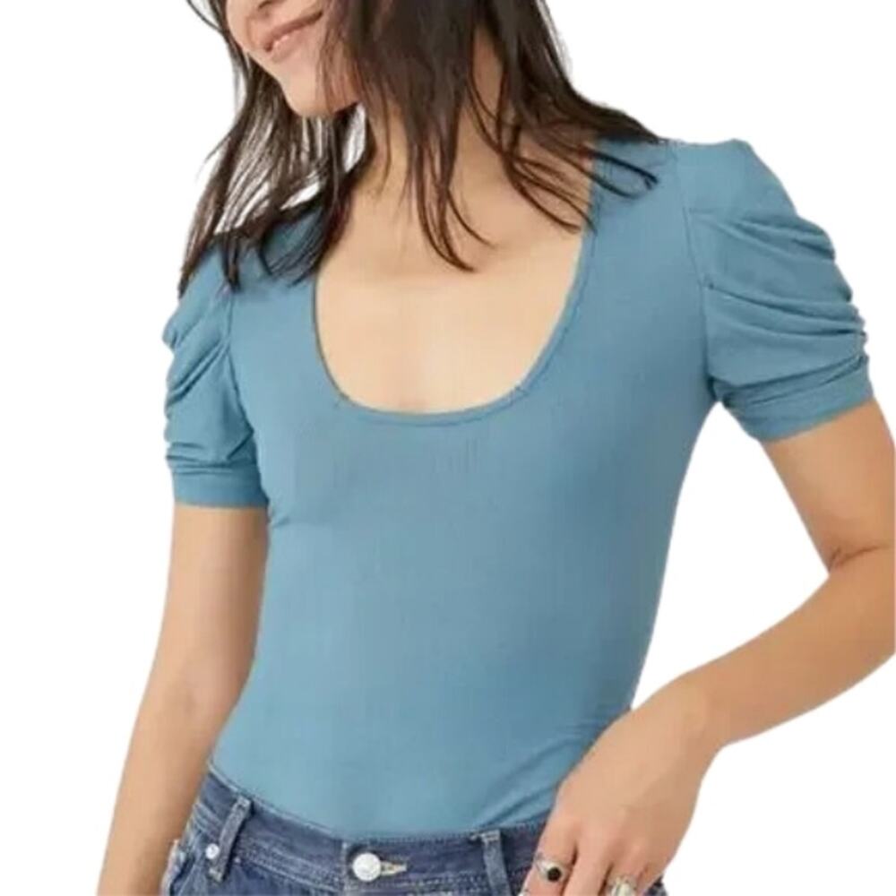 Free People Bodysuit Short Sleeves Ruffled Deep Scooped Neck Blue Women's XS NWT